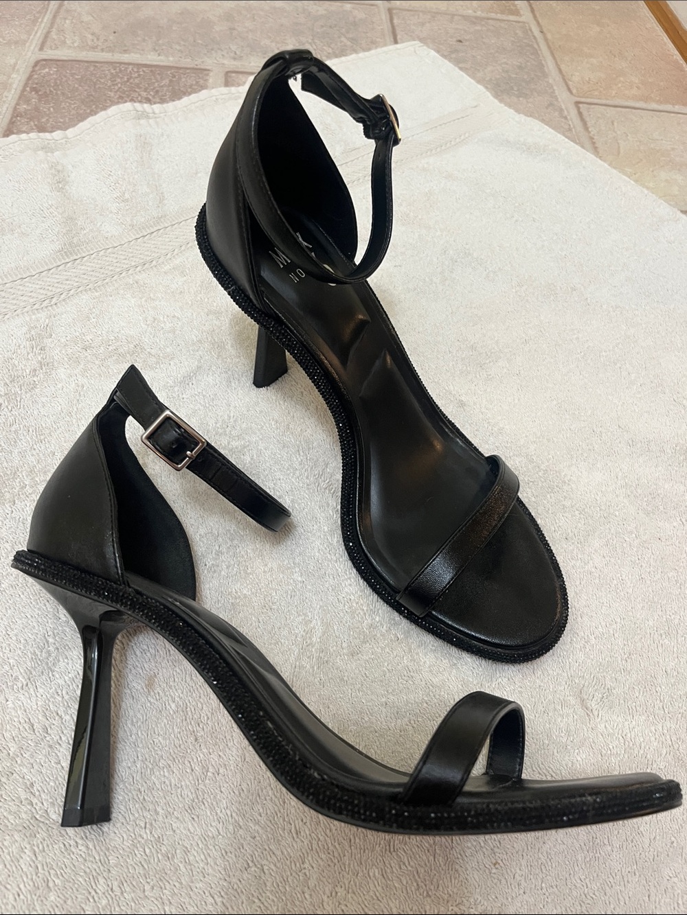Mix No. 6 Black Ankle-Strap Stiletto Sandals with Minimal Front Strap
